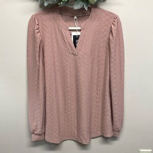 NWT Mansy Mauve Pink Long Puff Sleeve Textured V-Neck Tunic Blouse M